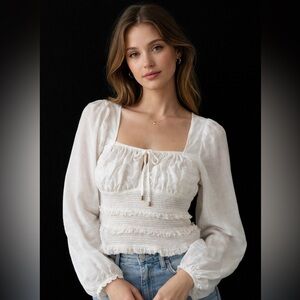 Free People Ivory Smocked Square-Neck Long Sleeve Top